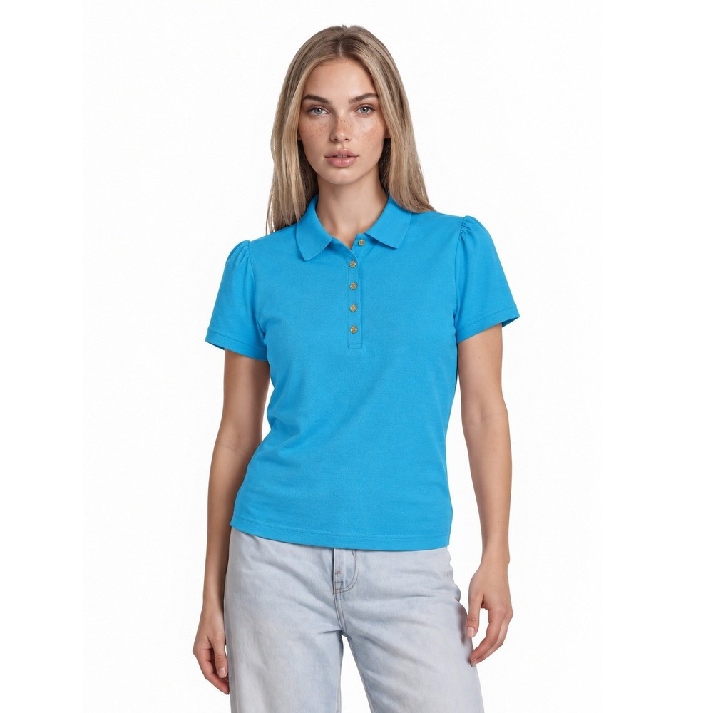 Lilly Pulitzer Luxletic Polo Top Women's Size Large Blue Puff Sleeve Gold Button